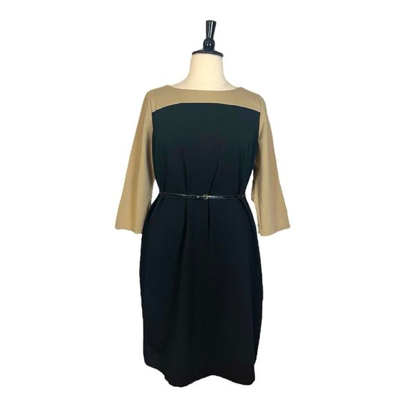 Talbots New Shift Dress Midi Ponte Knit Tan Black Colorblock Women’s Size 18W - Picture 1 of 11